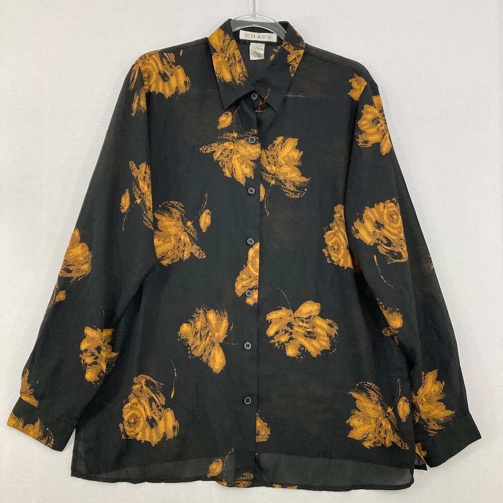 Vintage Chaus size 16 Black Brown Abstract Chiffon Sheer Long Sleeve Button Up